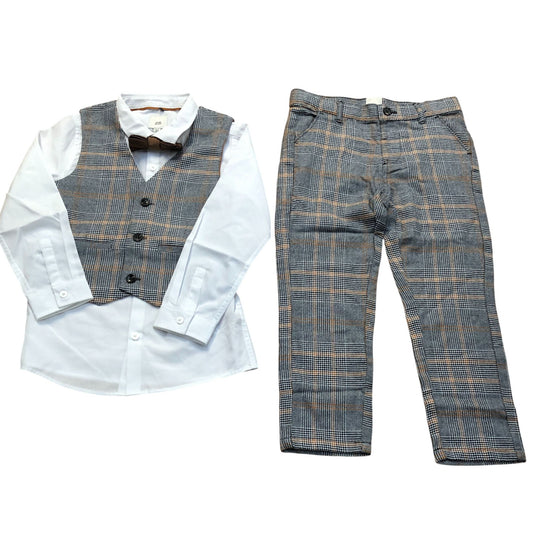 River Island Kids Four Piece Grey Check Suit - Shirt Trousers Waistcoat Bow Tie