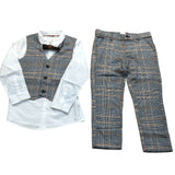 River Island Kids Four Piece Grey Check Suit - Shirt Trousers Waistcoat Bow Tie