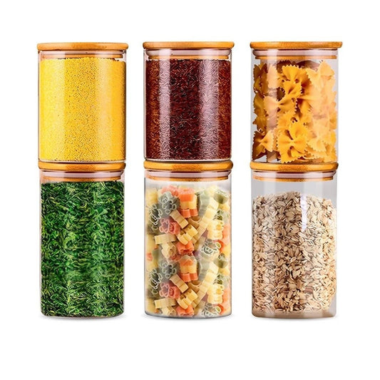 Wowzilla Set Of 6 Glass Food Storage Jars Airtight Bamboo Lids Kitchen