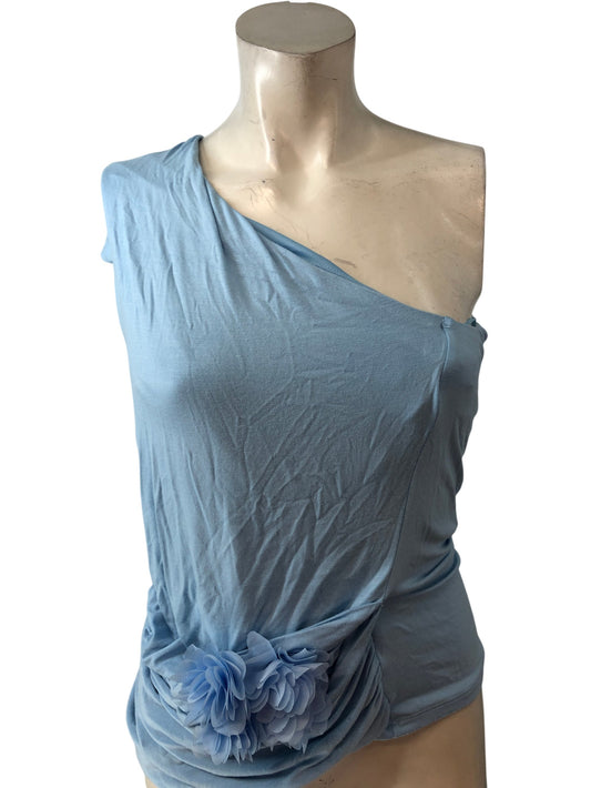 River Island Light Blue Women's One Shoulder Top Size M Floral Detail Casual