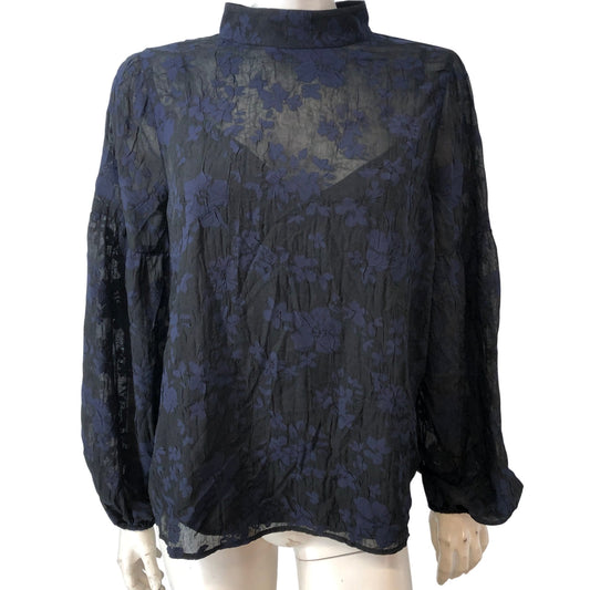 Floral Pattern Blouse Women's Sheer Long Sleeve Size 12 Dark Blue Top