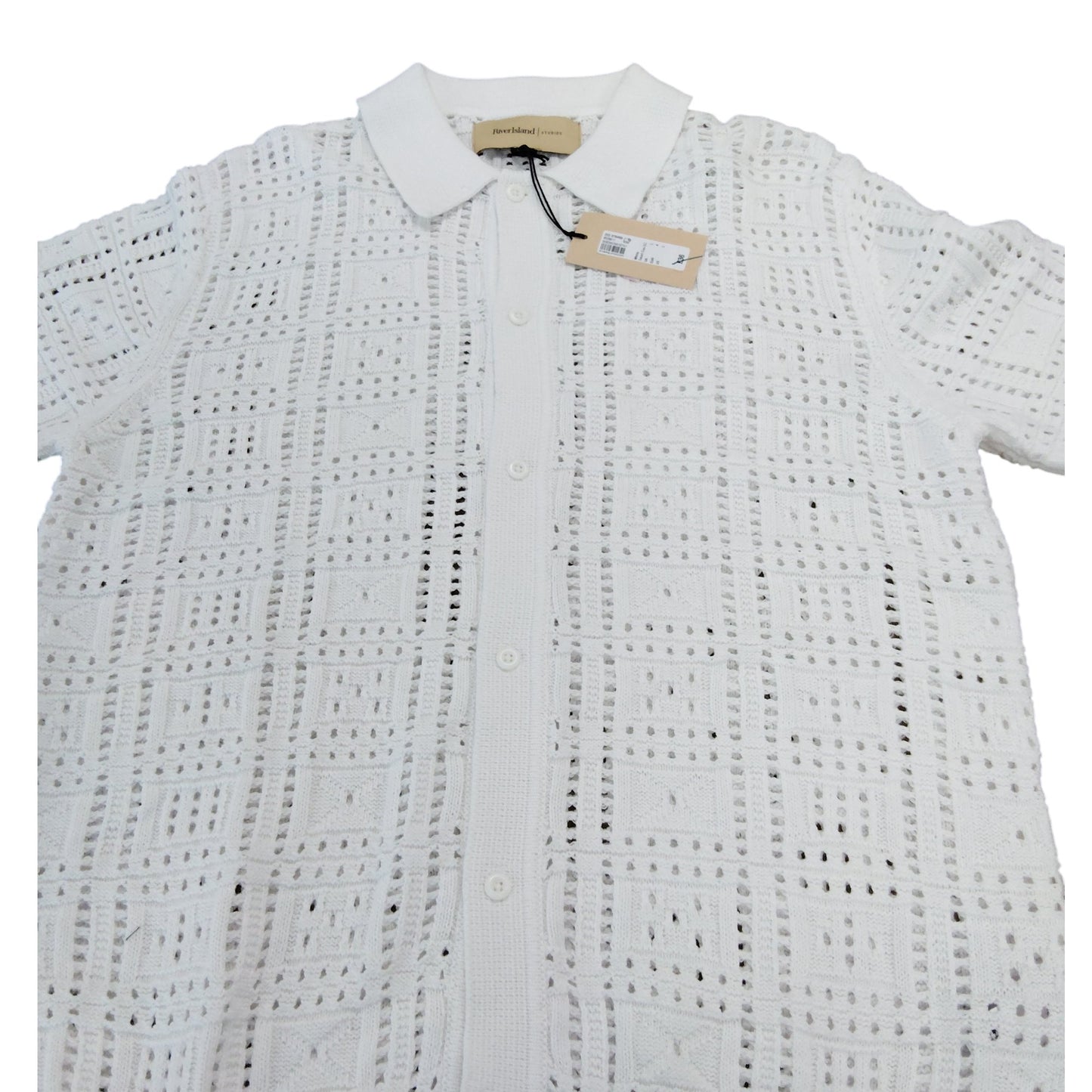 River Island White Polo Shirt UK L Men's Short Sleeve Open Knit