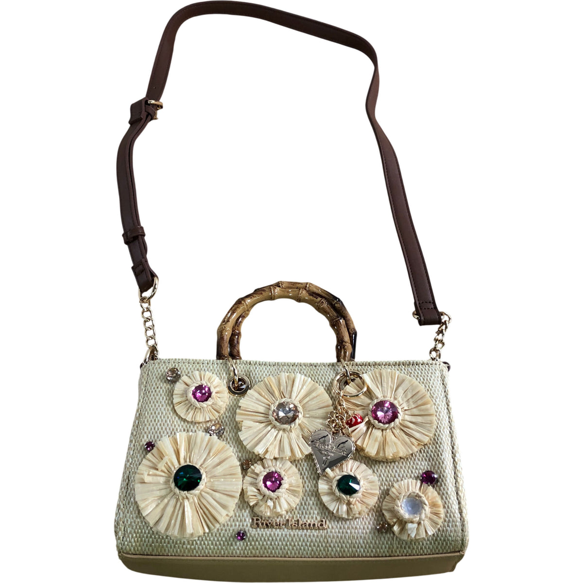 River Island Beige Raffia Gem Flower Tote Bag