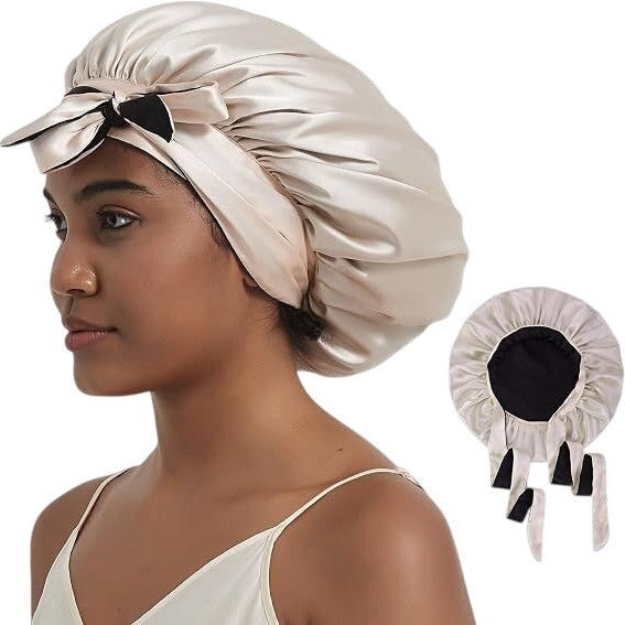 Hat Hut Satin Sleeping Bonnet Curly Hair Double Layer Reversible Champagne/Black