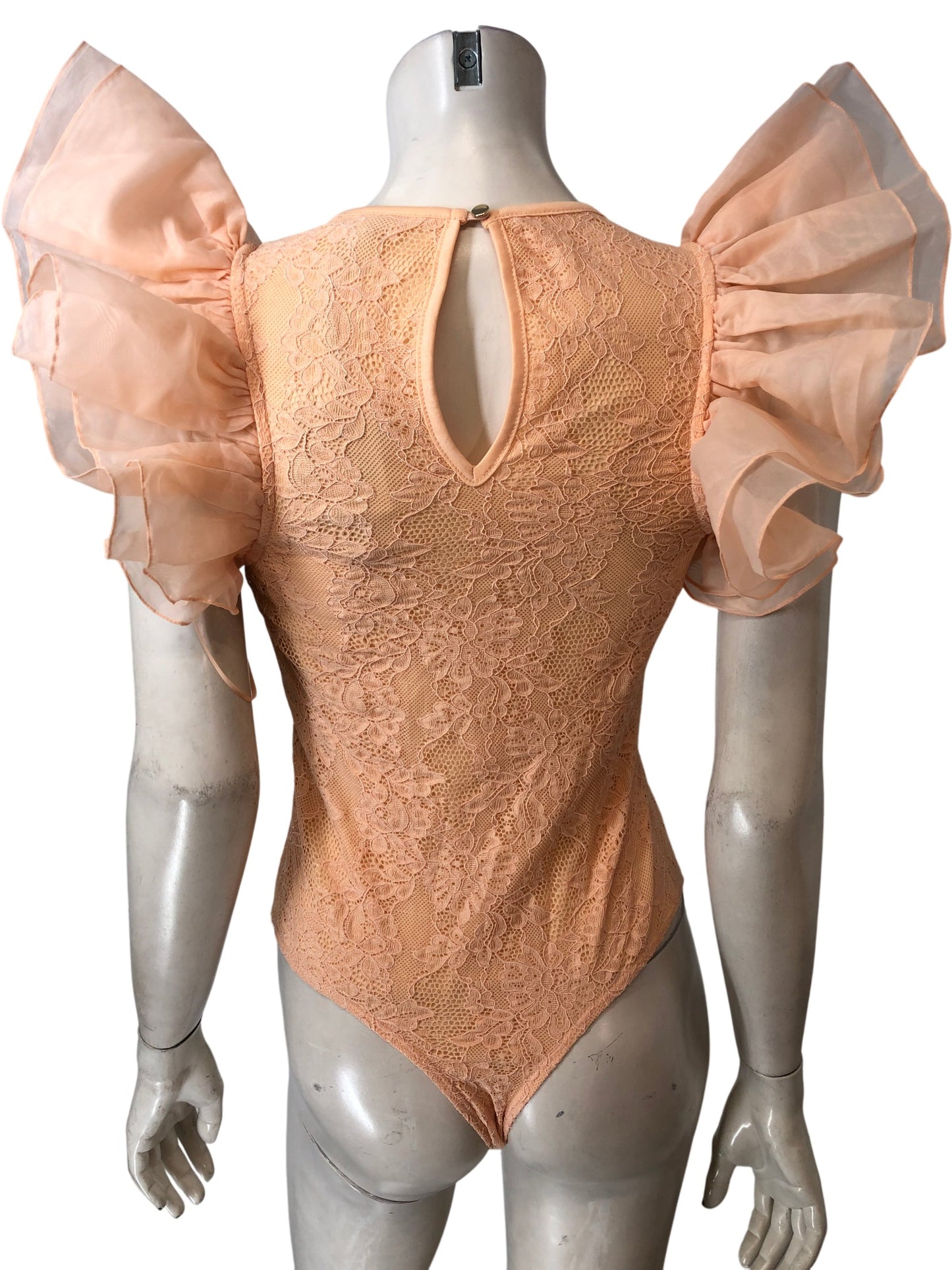 River Island Bodysuit UK XS Women's Lace Puff Sleeve Peach Design