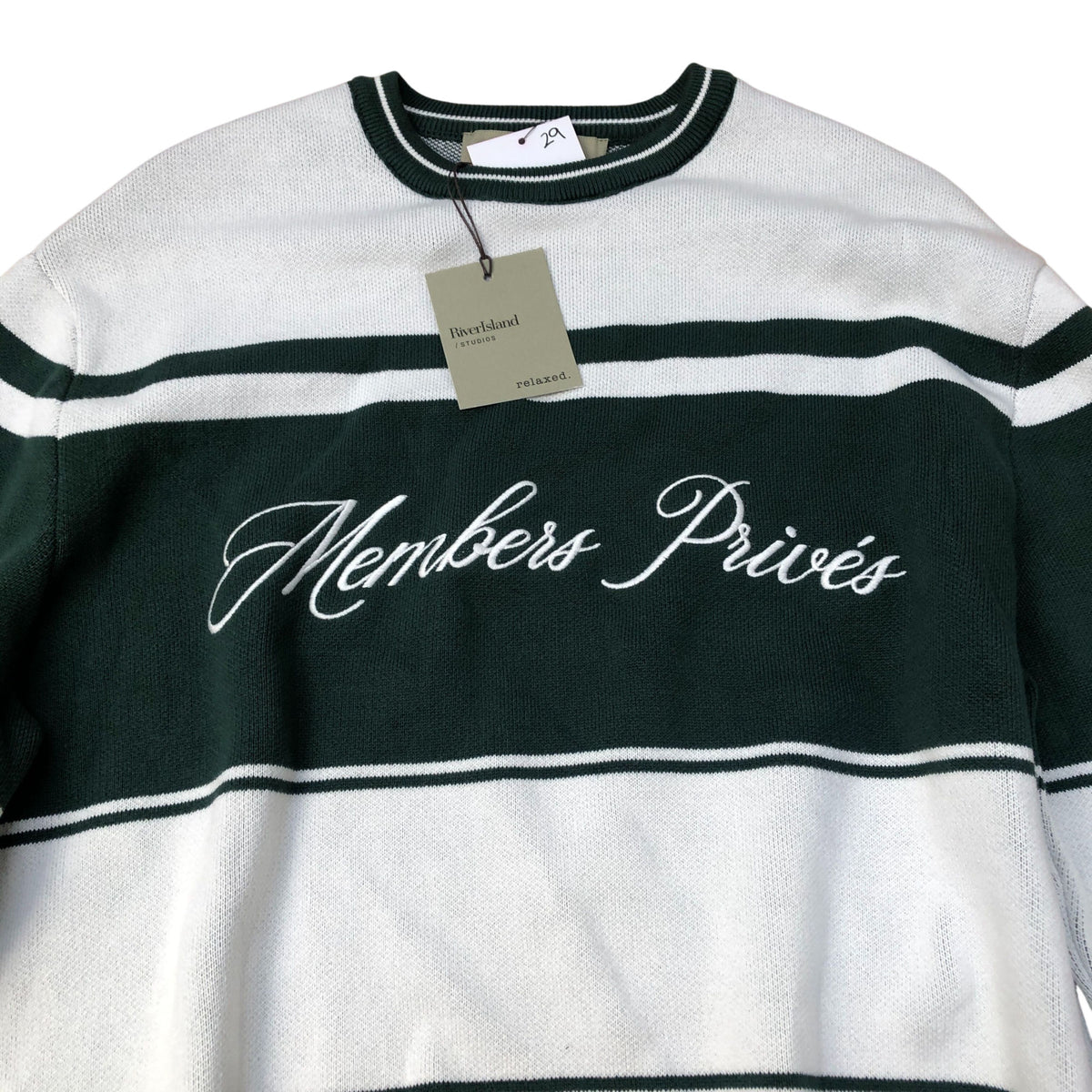 River Island Members Privés Crew Neck Jumper UK Size M Green White Stripes