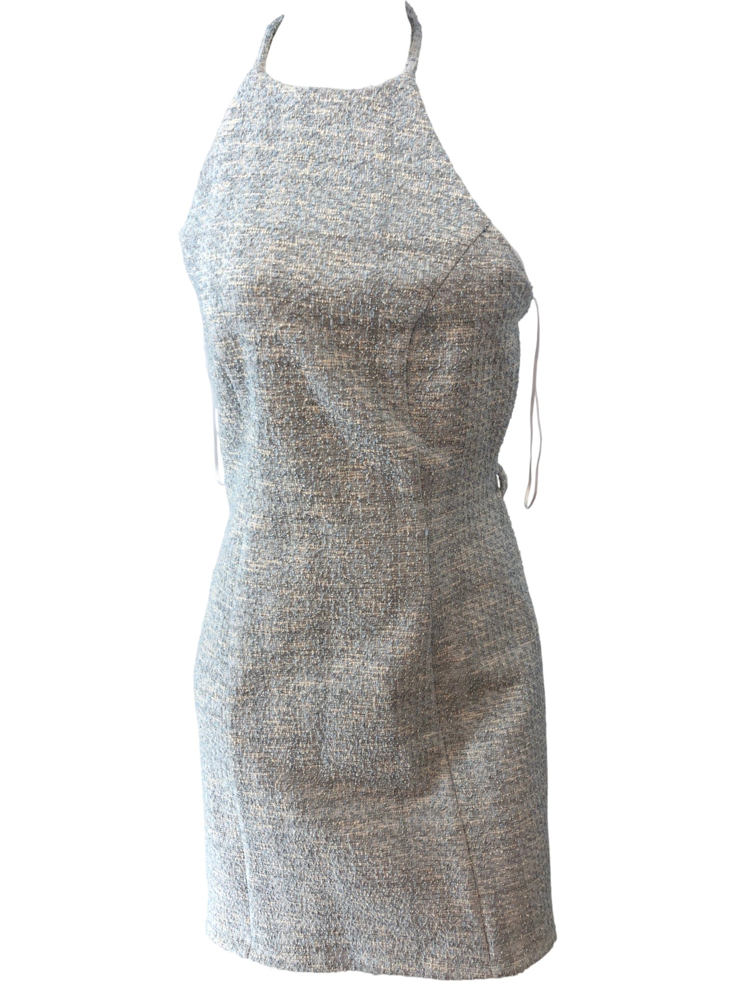 River Island Halter Neck Dress Size S Women's Light Blue Tweed Mini