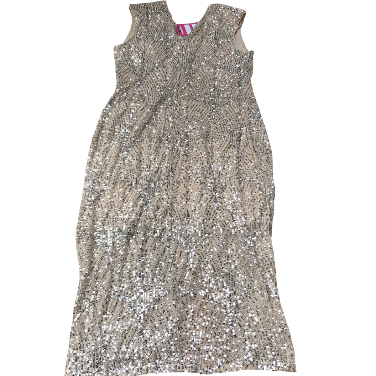 Sequin Evening Dress UK Size 18 Women's V Neck Beige Sequined Gown