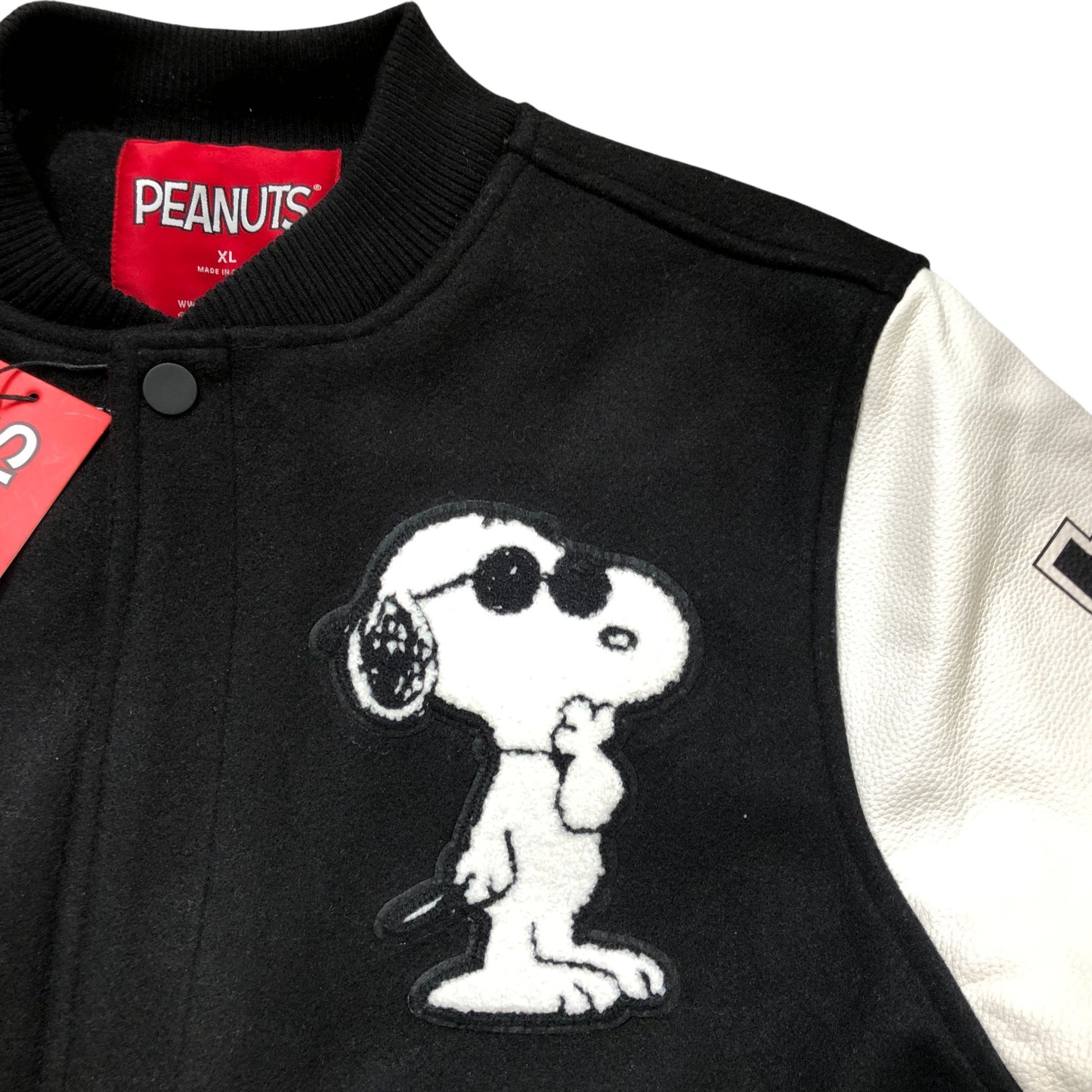 Peanuts Snoopy Varsity Jacket XL Joe Cool Black White Sleeves