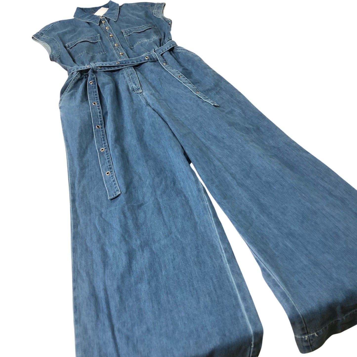 Denim Jumpsuit Women's Sleeveless Button Detail Wide Leg UK14