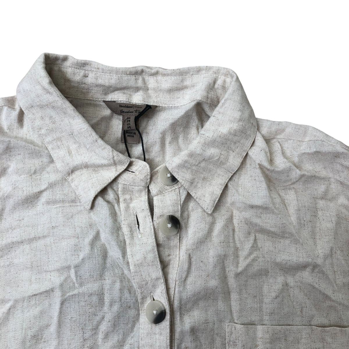 River Island Linen Blend Button Up Shirt Women's Short Sleeve Cream Casual Top L