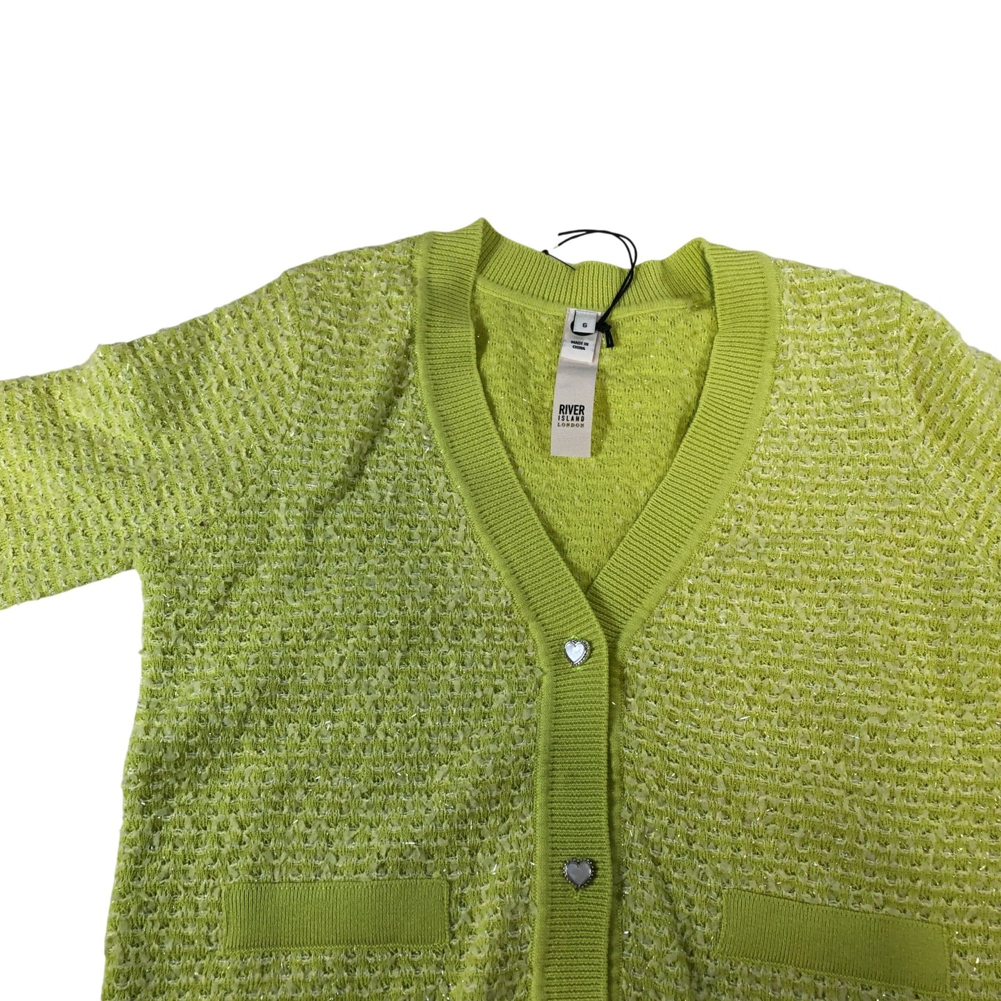 River Island Size 6 Women's Lemon Green Short Sleeve Button Cardigan