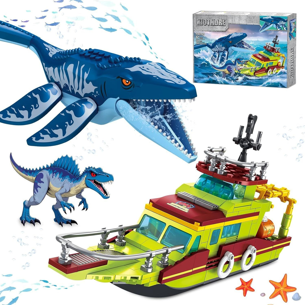 kiothdre Ocean Explorer 3in1 Building Set Boat & Mosasaurus Spinosaurus Dinosaur
