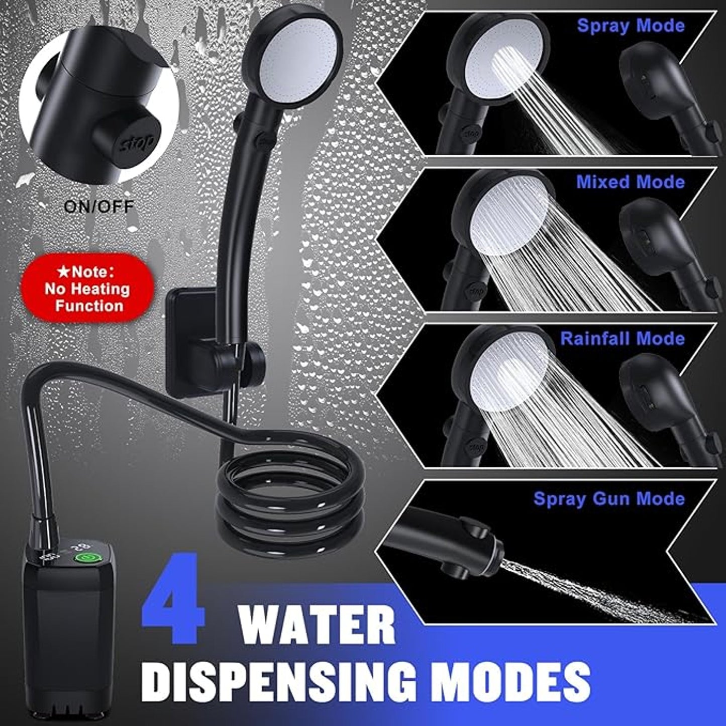 Portable Shower Rechargeable Black With Digital Display Adjustable Water Modes