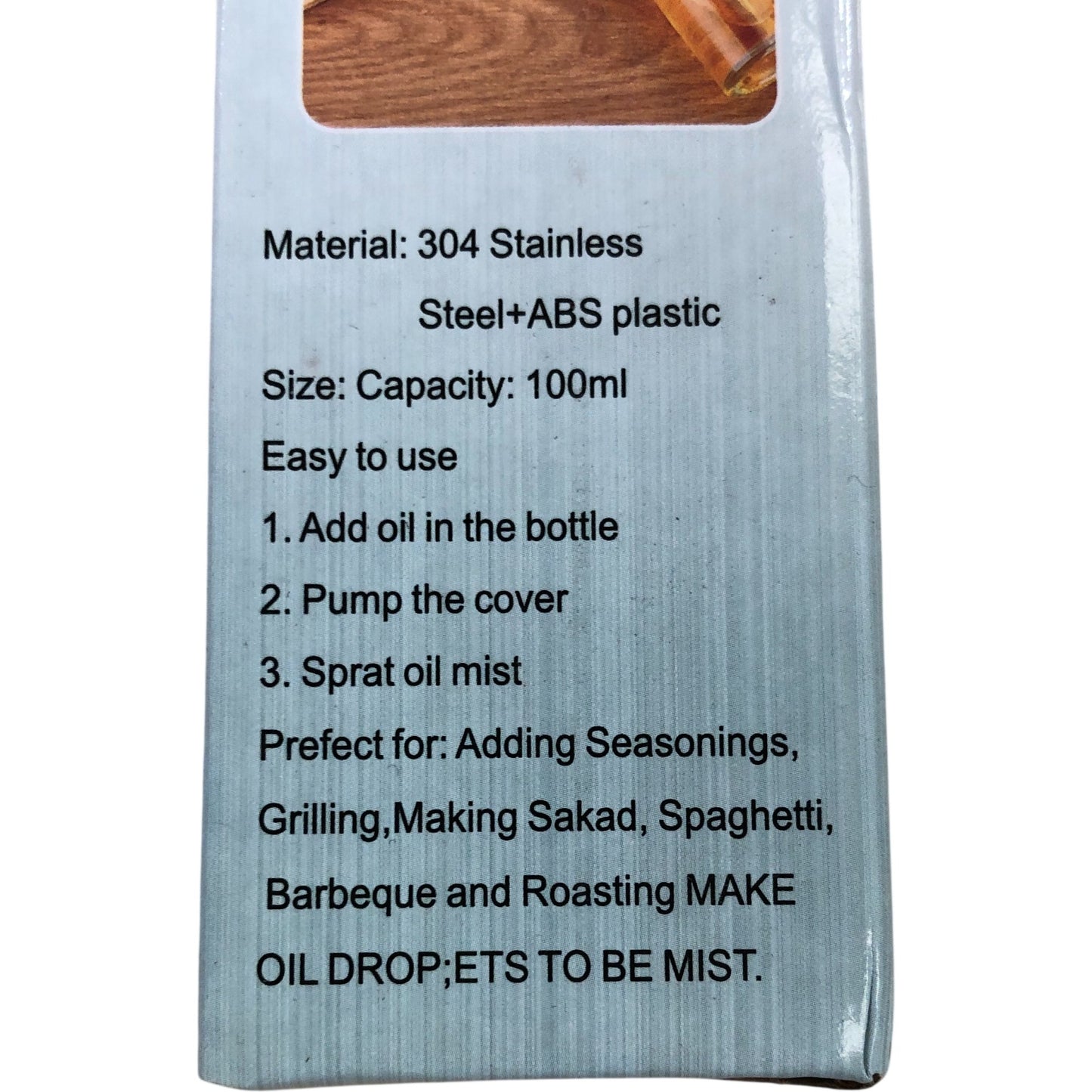 Olive Oil Spray Bottle Stainless Steel and ABS Plastic Kitchen Tool 100ml