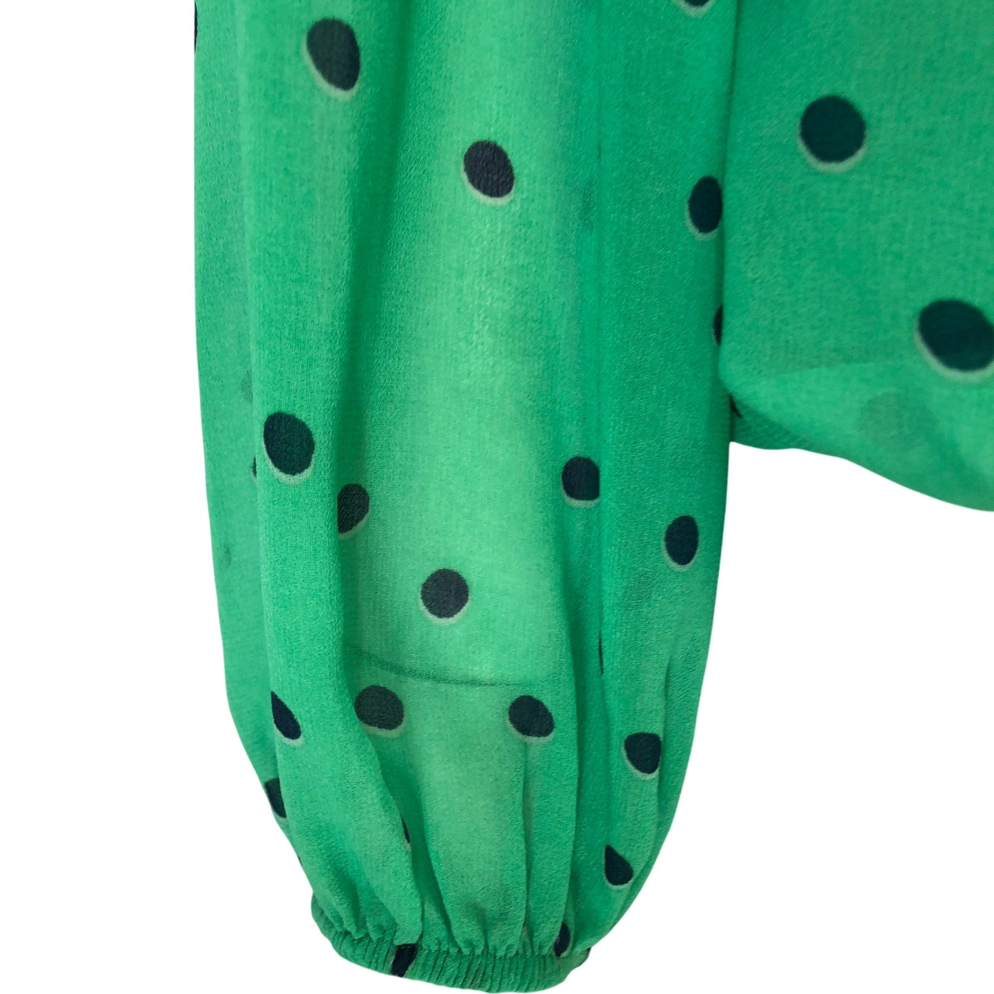 Green Polka Dot Blouse UK12 Women's Long Sleeve Trendy V Neck Button Detail