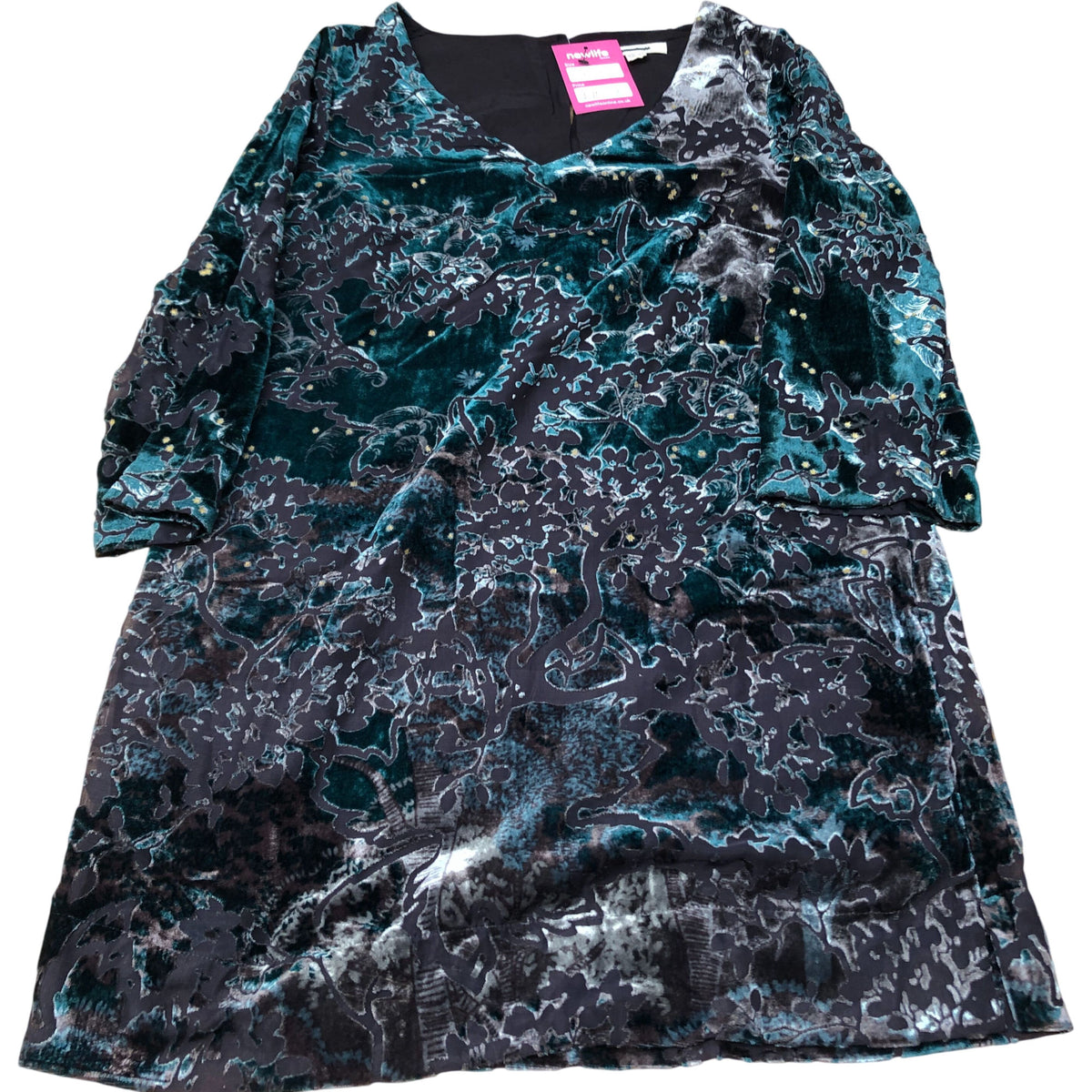 Velvet Tunic Dress UK6 Women's Teal Floral Pattern Long Sleeve
