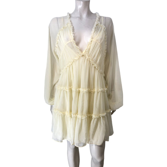 River Island UK14 Women's Yellow Boho Ruffle Mini Dress Long Sleeve 70s Style