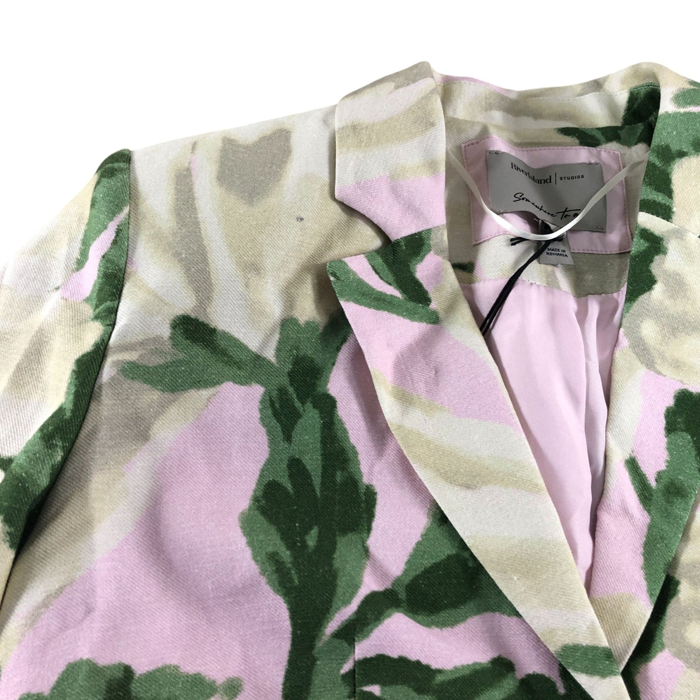 River Island Cropped Blazer Jacket UK6 Women's Floral Print Green Pink Lined