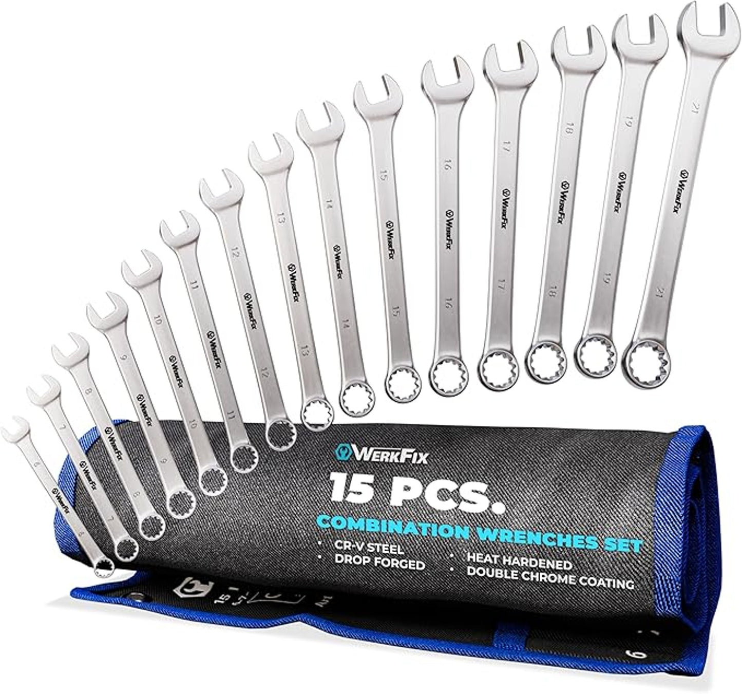 WERKFIX 15 Pcs Combination Wrenches Set CR-V Steel Heat Hardened Double Chrome