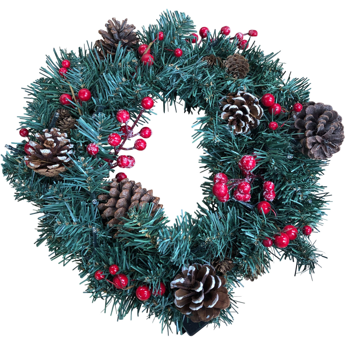 Lit Festive Green Wreath With Pine Cones And Red Berries 12"