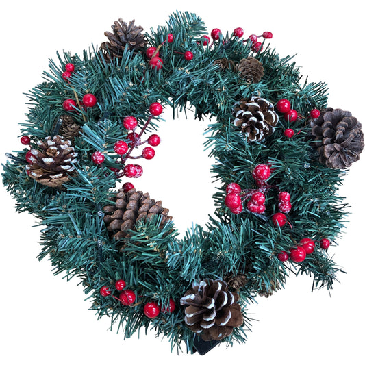 Lit Festive Green Wreath With Pine Cones And Red Berries 12"