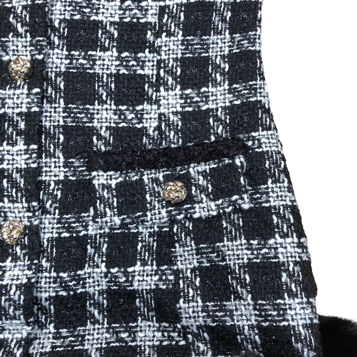 River Island Black White Checked Dress With Faux Fur Trim
