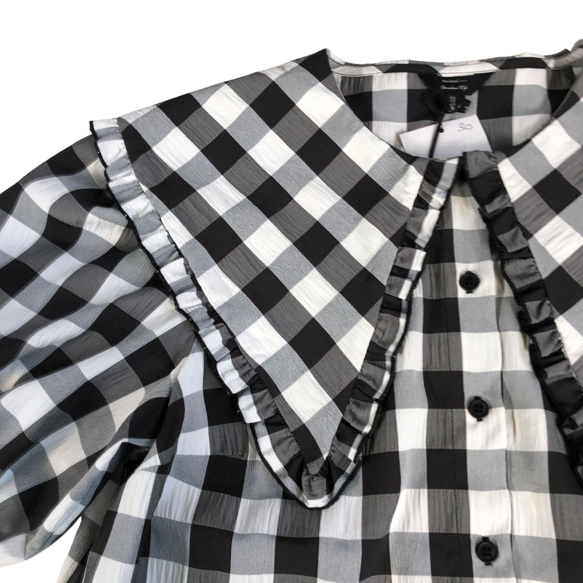 River Island Check Print Blouse UK12 Women's Black White Puff Sleeve Top