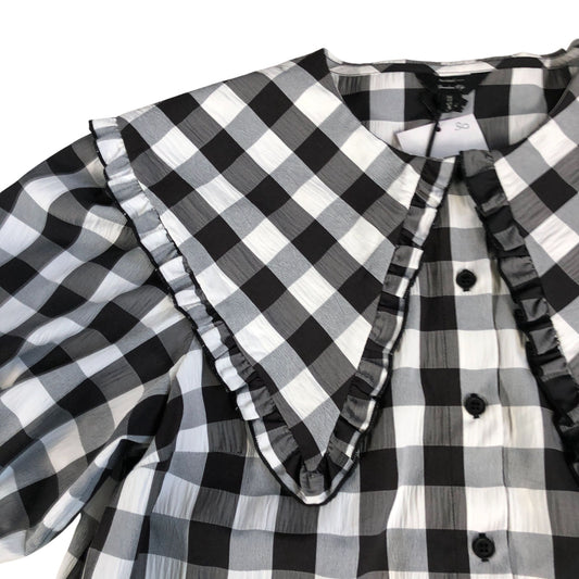 River Island Check Print Blouse UK12 Women's Black White Puff Sleeve Top