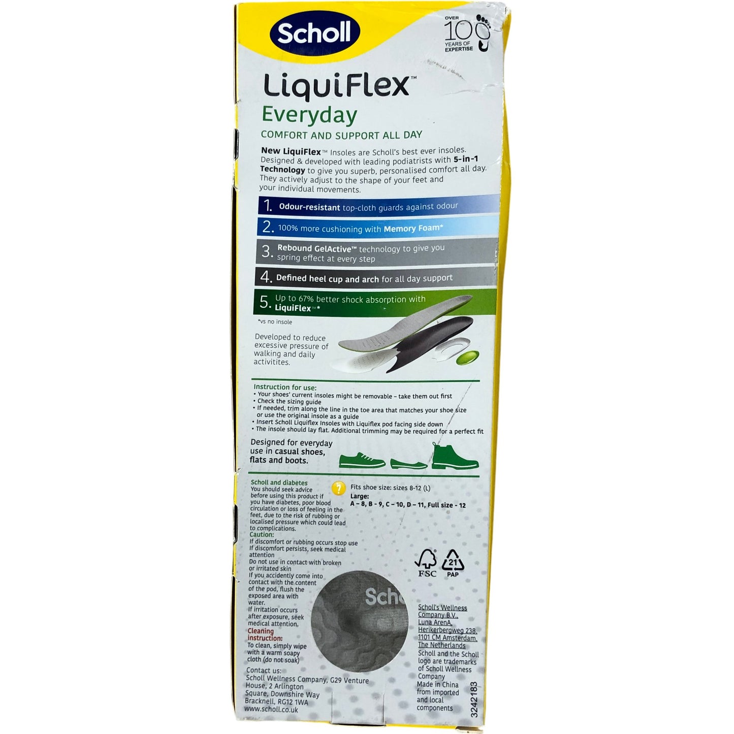 Scholl LiquiFlex Everyday Insoles Size L 8-12 Memory Foam Support Odour Control