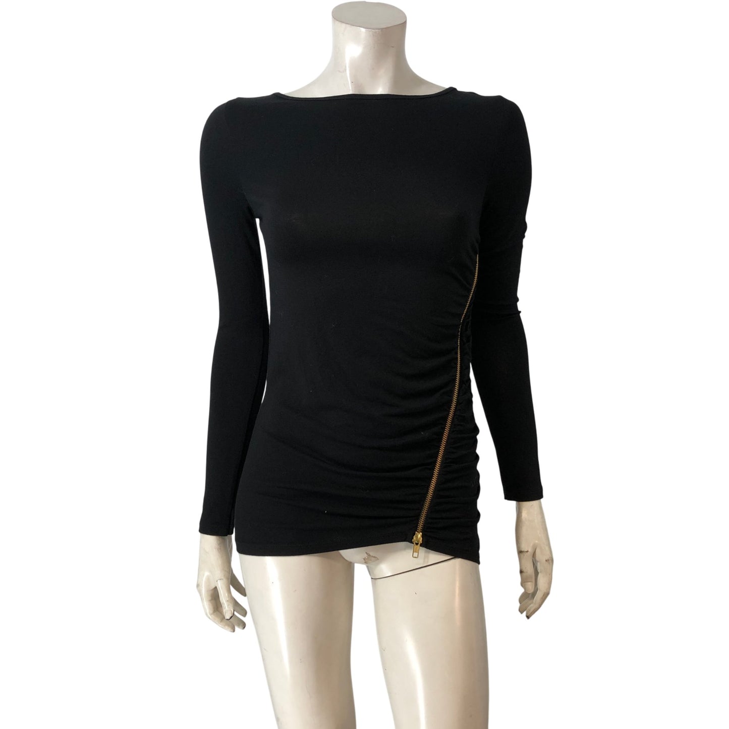 Branded Long Sleeve Zip Detail Top UK 8 Women's Black Ruched Stretch Jersey