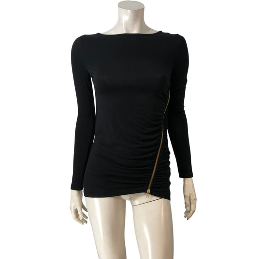 Branded Long Sleeve Zip Detail Top UK 8 Women's Black Ruched Stretch Jersey