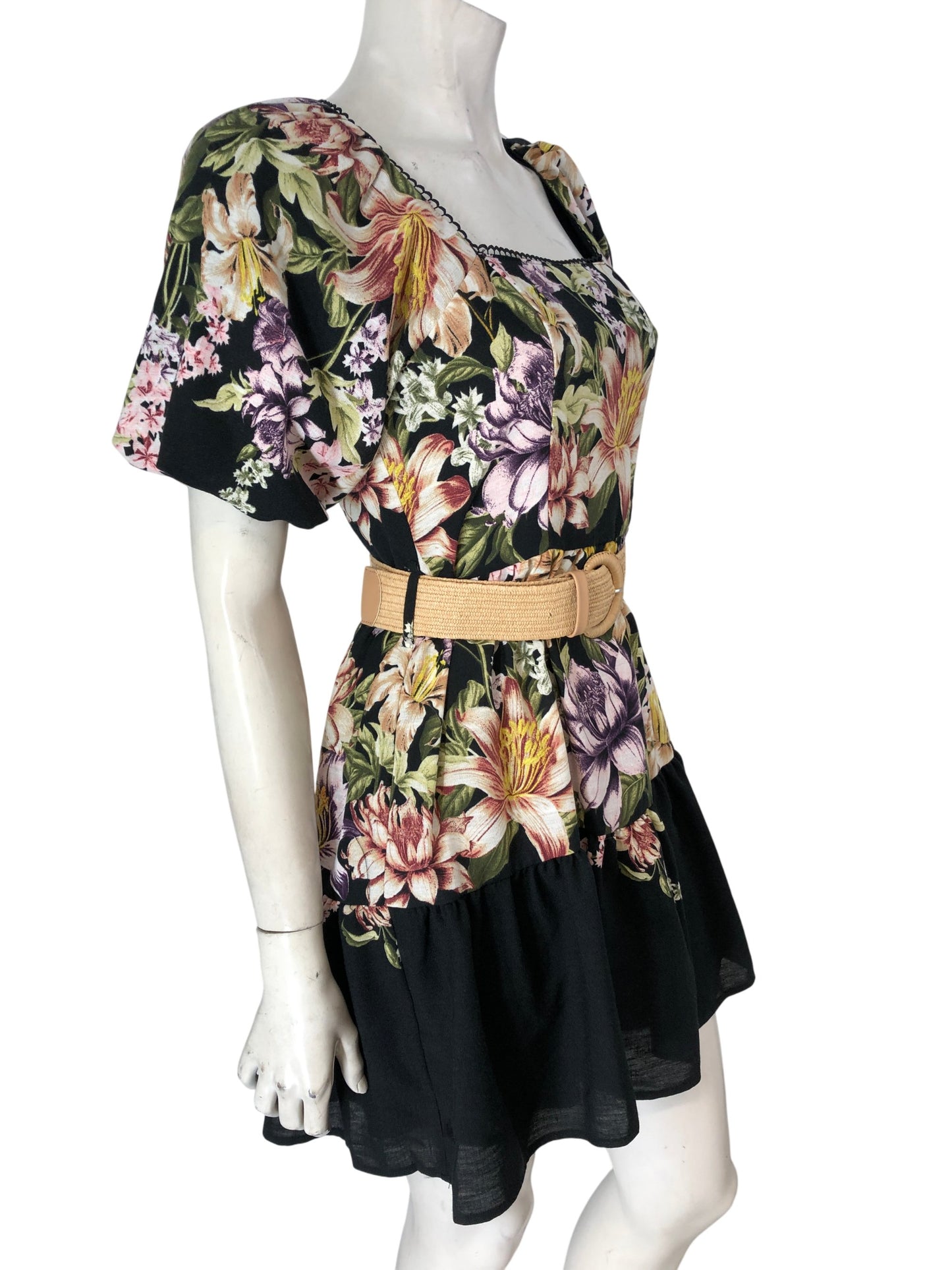 River Island Floral Print Dress Size UK 8 Women's Short Puff Sleeve Belted Black