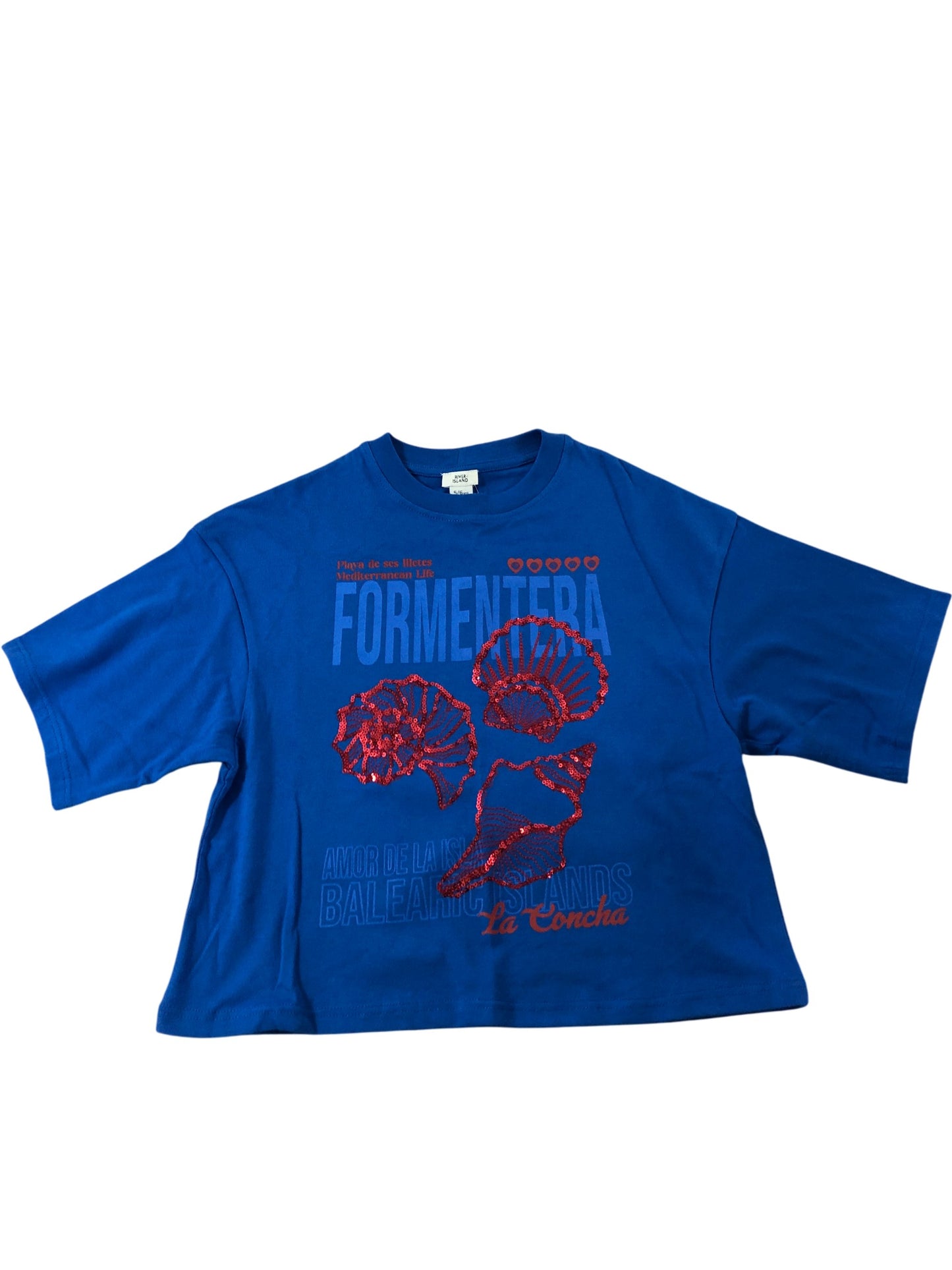RIVER ISLAND Girls T-Shirt UK5-6 Years Blue Formentera Sequin Design Top