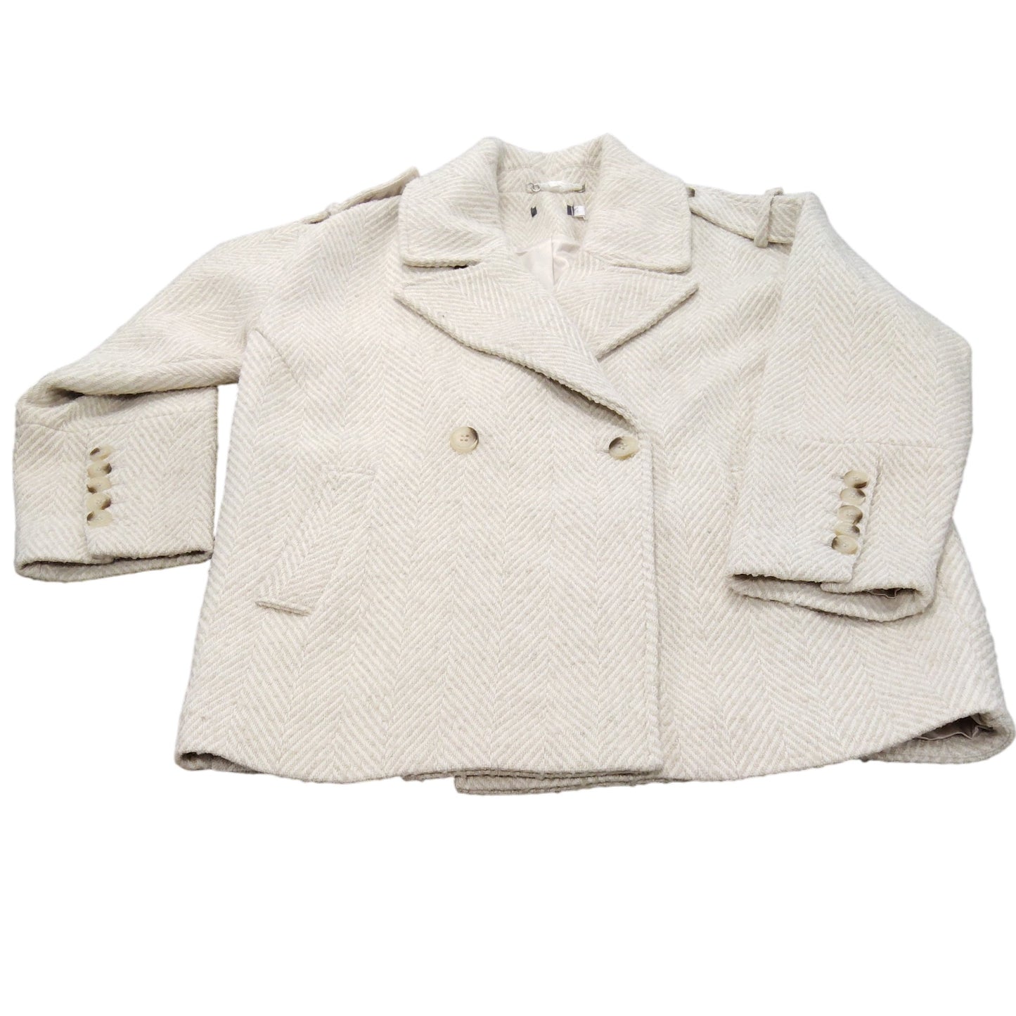 Stylish Women's Herringbone Coat Size L Warm Thick Outerwear Beige Jacket