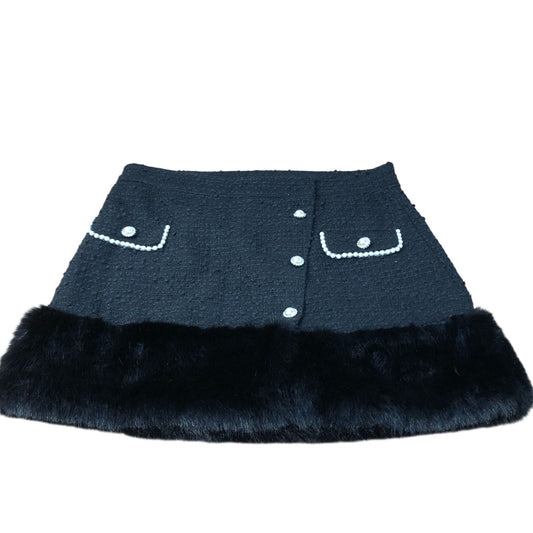 River Island Chic Black Skirt UK Size 16 Women's Faux Fur Trimmed Stylish Design