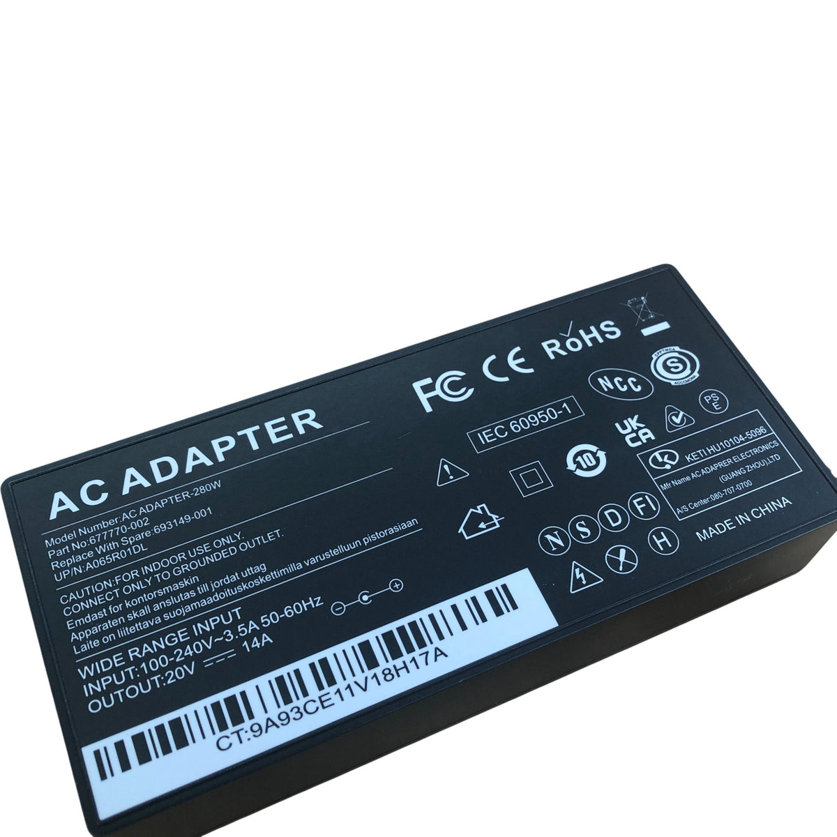 AC Adapter 280W Power Charger for Laptops Wide Range Input 100240V 35A