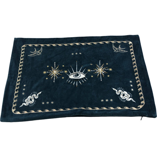 Teal Velvet Decorative Cushion Cover With Eye Design And Embroidery