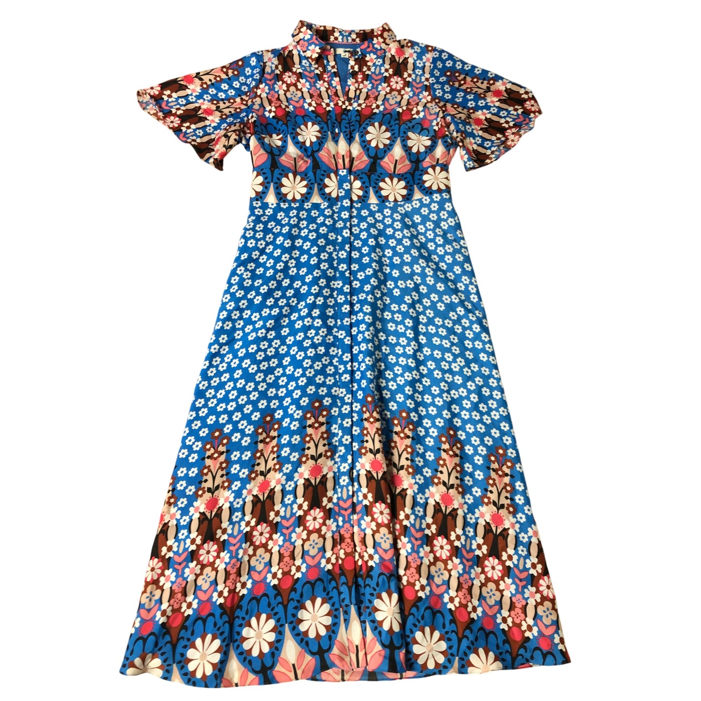 Floral Print Dress UK12 Women's Short Sleeve Blue Patterned Summer Chic