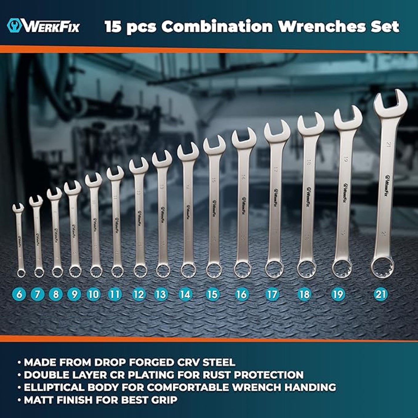 WERKFIX 15 Pcs Combination Wrenches Set CR-V Steel Heat Hardened Double Chrome