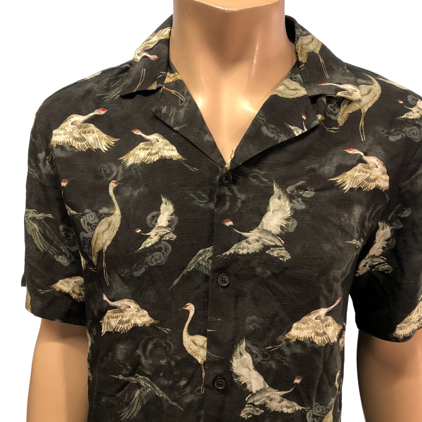 River Island Short Sleeve Shirt Men's Size Small Black Crane Print Viscose