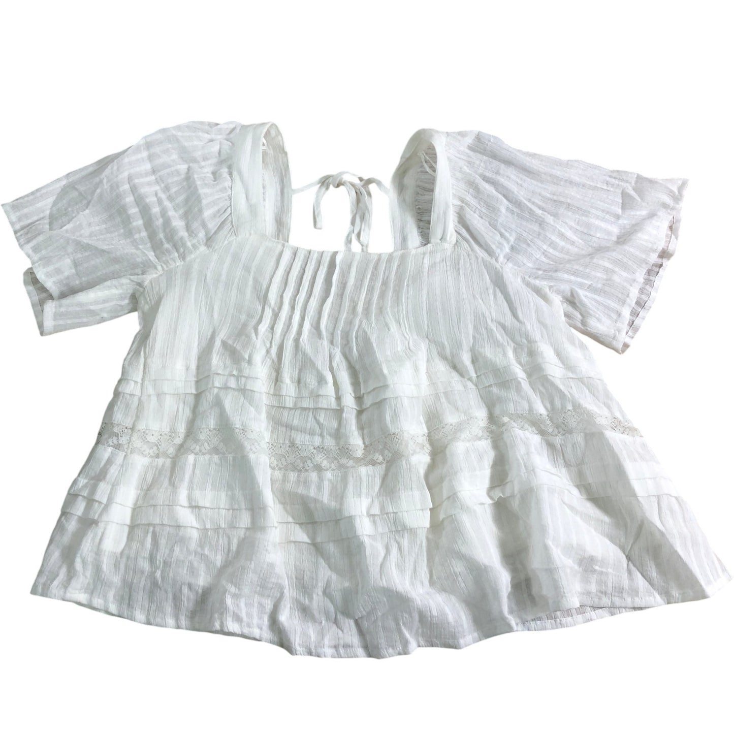 River Island UK8 Women's White Pleated Blouse Cotton Lace Trim Short Sleeve