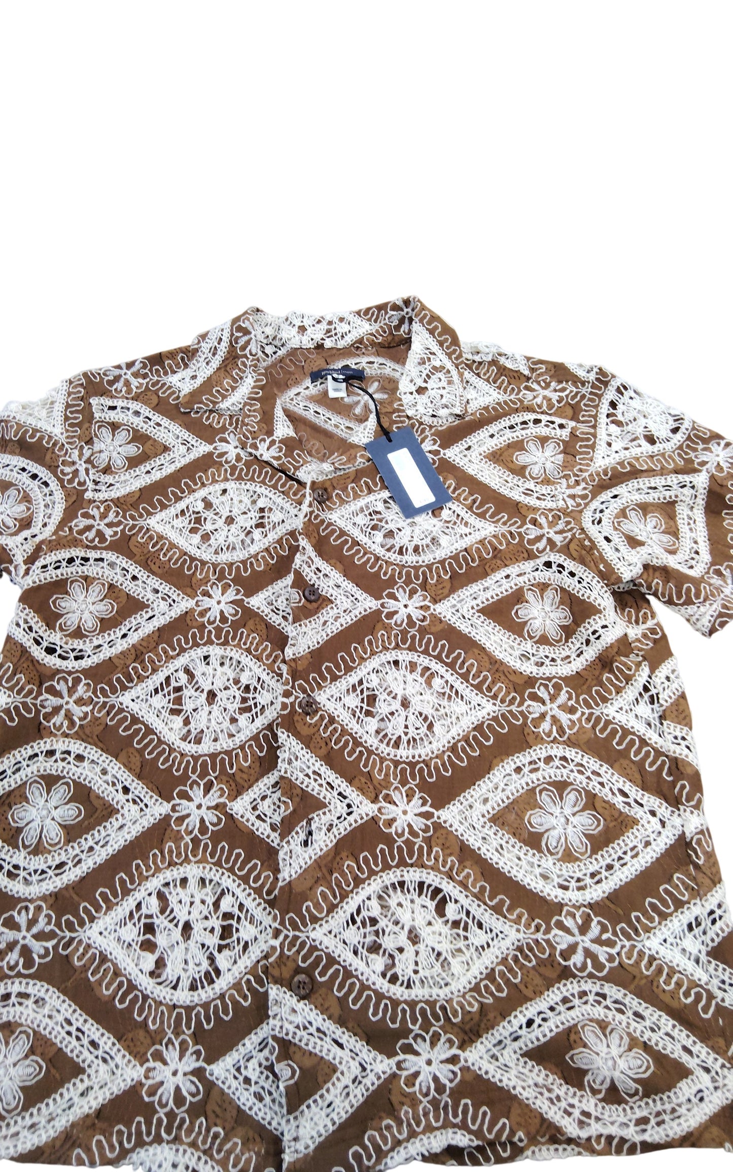River Island Studios Brown Short Sleeve Shirt S Men's Lace Design Casual Top