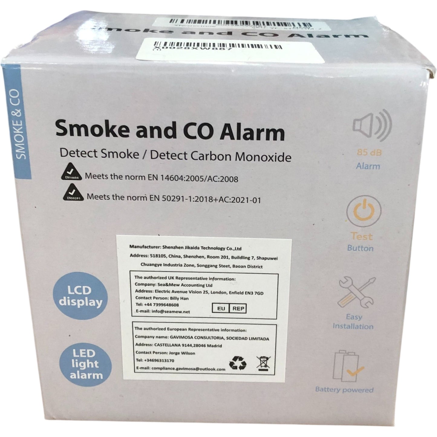 Smoke And CO Alarm Battery Powered LCD Display Easy Installation 85dB Alarm