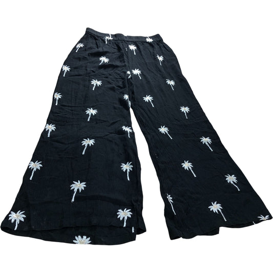 South Beach Trousers UK14 Women's Embroidered Black Palm Tree Wide Leg Pants