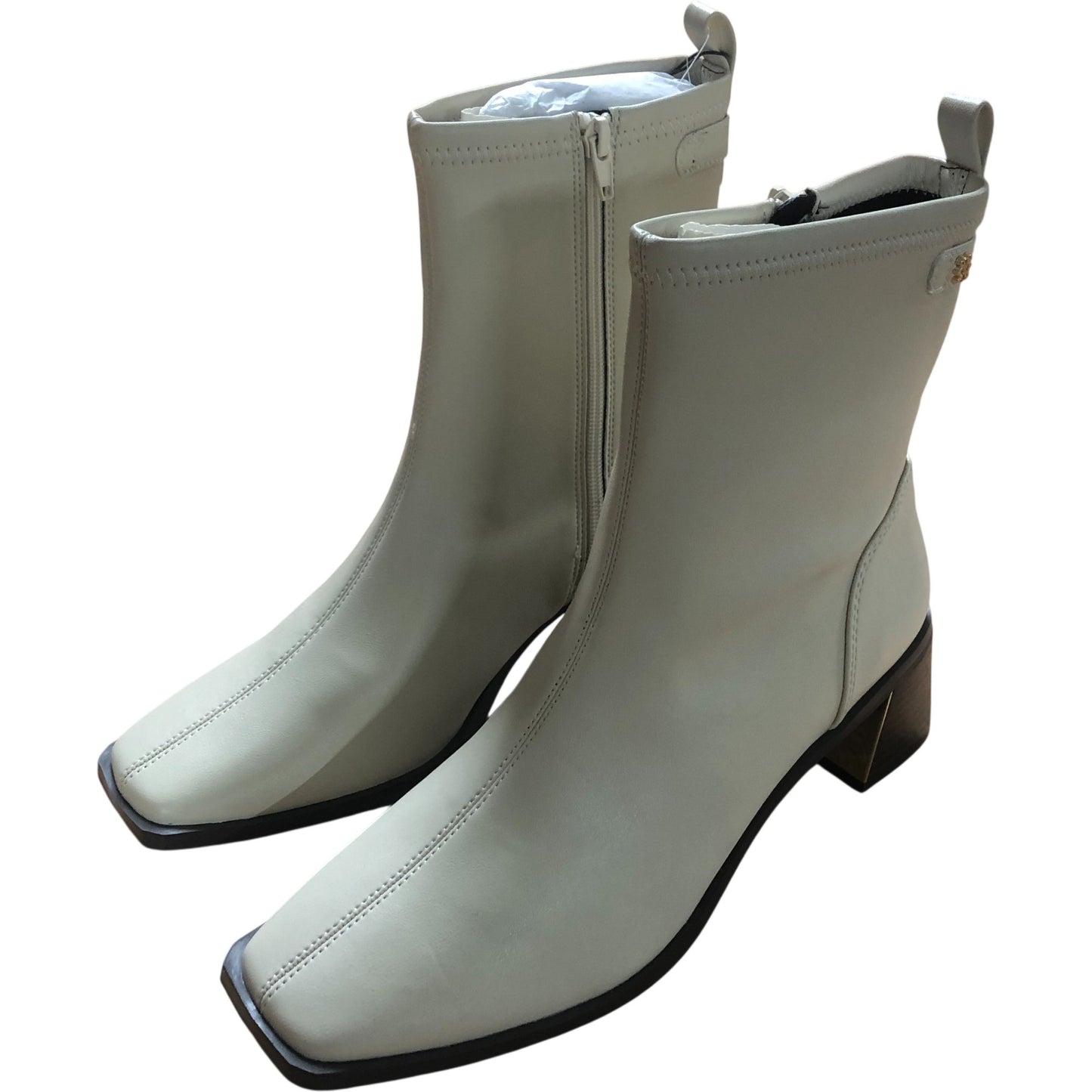 River Island Block heel stretch sock boots in cream UK 3