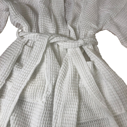 White Short Sleeved Waffle Robe Lightweight Organic Cotton Size M