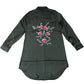 Satin Look Side Split Long Shirt Khaki Long Sleeve Embroidered Flora XS