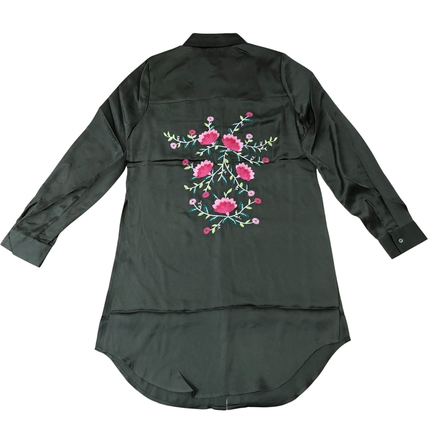 Satin Look Side Split Long Shirt Khaki Long Sleeve Embroidered Flora XS