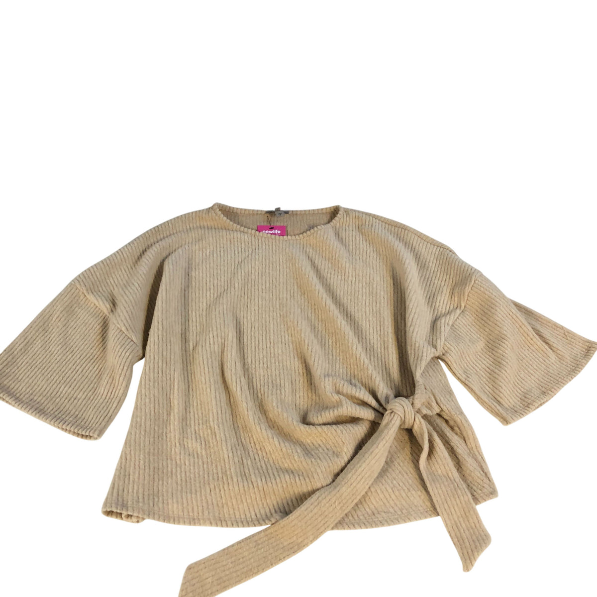 River Island Ribbed Tie Front Top Women Beige Bell Sleeve Casual Wear